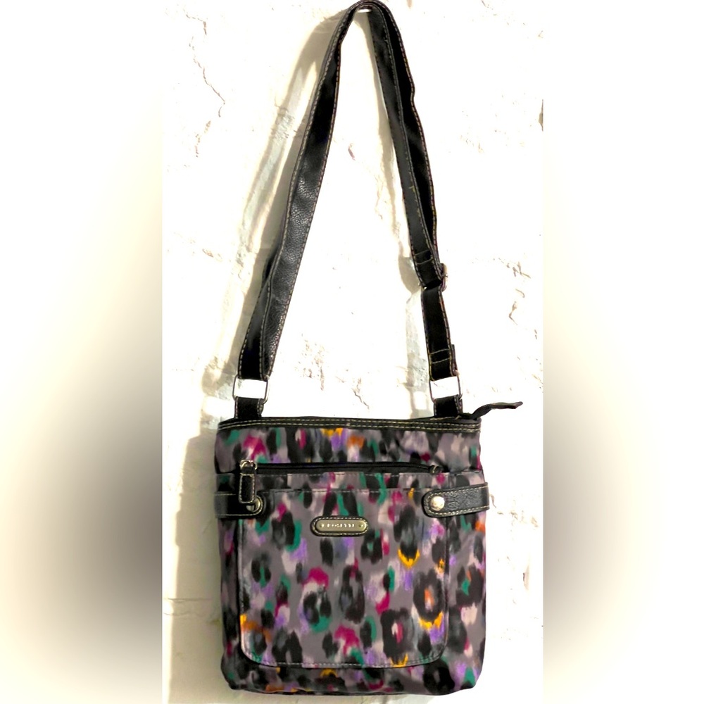 ROSETTI Adjustable Strap Crossbody Bag Tote Purse Black with Multi-Color Pattern